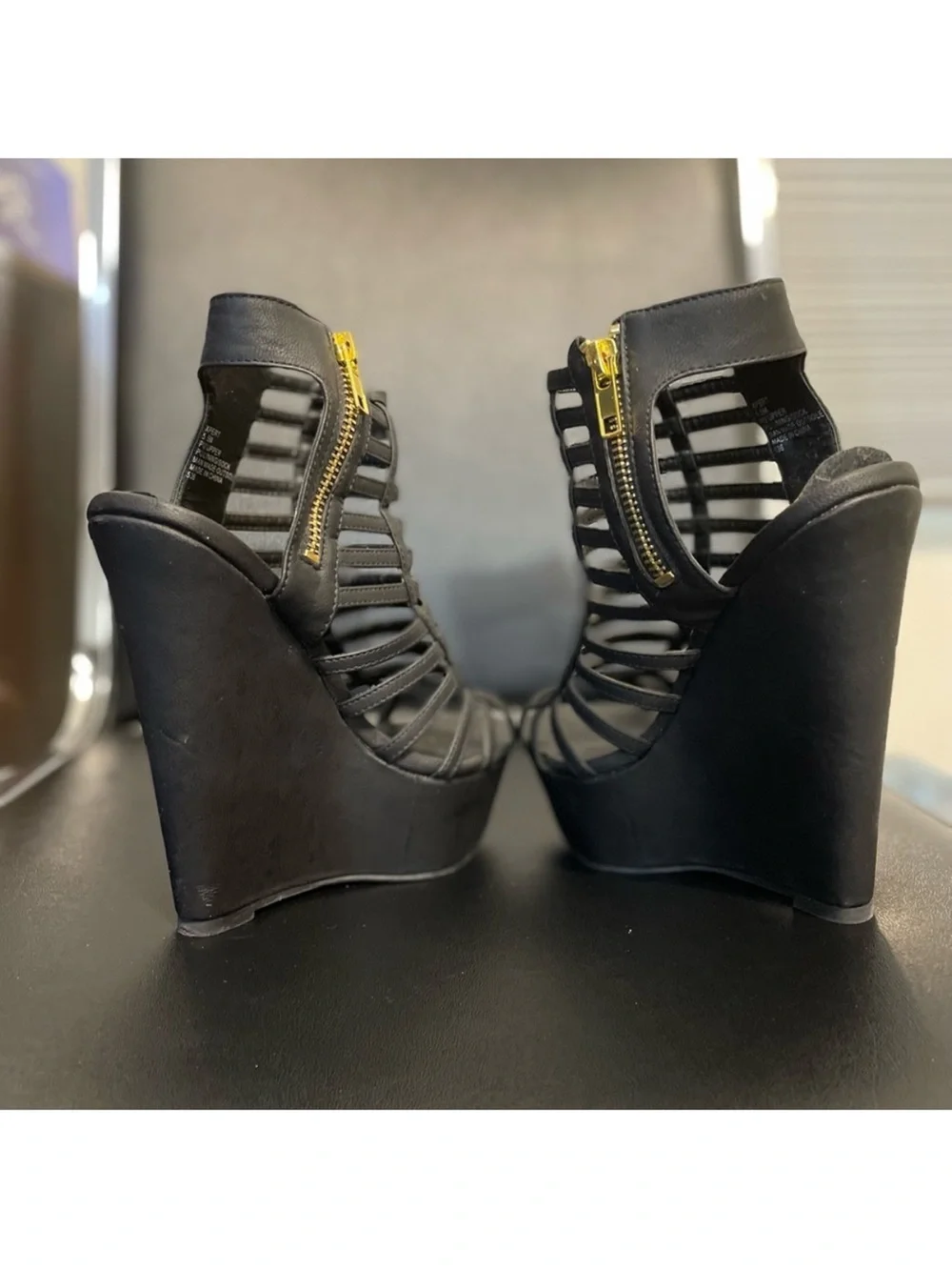 Steve Madden Black Strappy Platform Wedge Sandals with Gold Zip